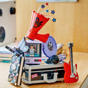 LEGO Editions Music Olivia Rodrigo's Secret Storage 43030 - the finished build shown in a home setting. 1085 pieces. Ages 10+.