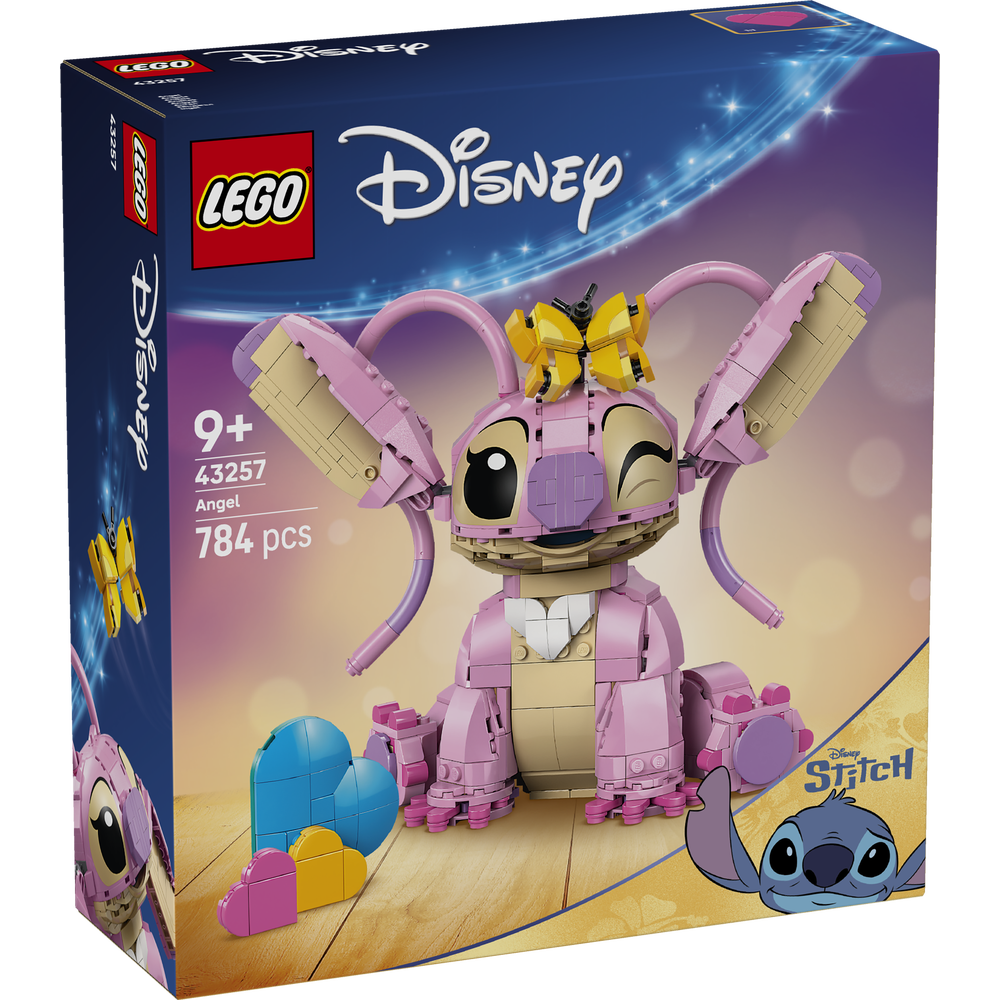 LEGO Disney Angel 43257 buildable figure set with pink and tan colored pieces, featuring articulated ears and limbs, includes yellow butterfly accessory and colorful eggs, 784 pieces, recommended for ages 9 and up