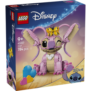 LEGO Disney Angel 43257 buildable figure set with pink and tan colored pieces, featuring articulated ears and limbs, includes yellow butterfly accessory and colorful eggs, 784 pieces, recommended for ages 9 and up
