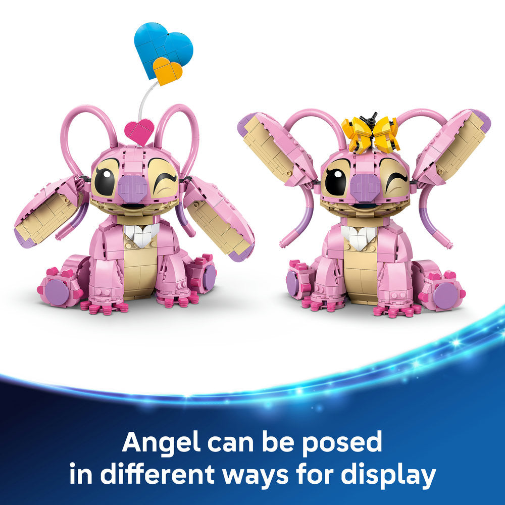 Two LEGO buildable Angel figures with pink and tan construction brick bodies, purple limbs, large pink ears with antenna, closed happy eyes, and poseable wings in different display positions, featuring blue and yellow heart decorations above, shown against a white and blue gradient background with text indicating multiple pose options