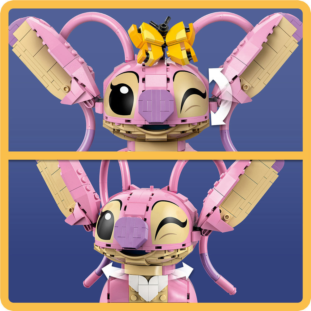 LEGO buildable figure of Angel with pink and tan construction pieces, featuring large articulated ears, expressive eyes with different expressions, yellow bow accessory, and jointed limbs against blue background, shown in two display angles
