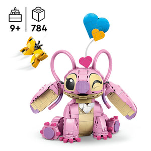LEGO Angel 43257 buildable figure with pink body, tan accents, large curved ears, closed eyes, yellow heart-shaped balloons in blue and pink, yellow transformer robot, age 9+, 784 pieces