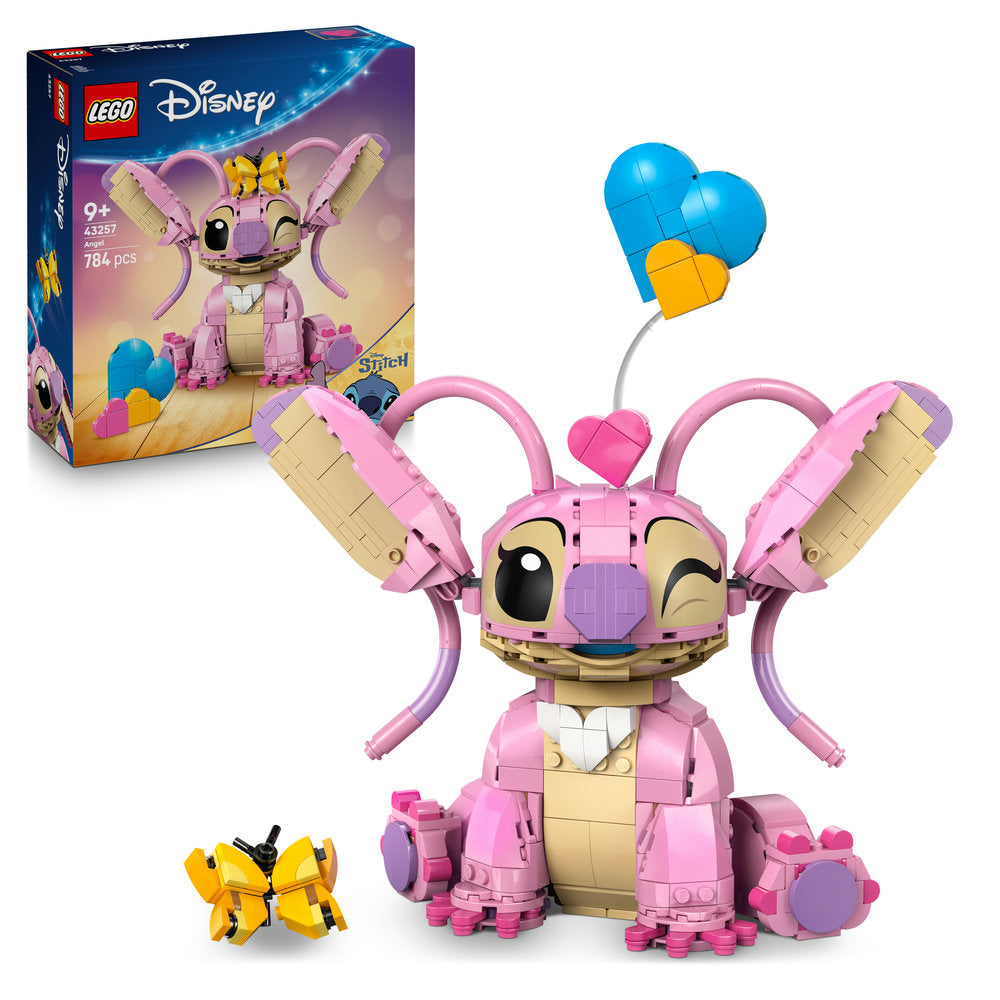 LEGO Disney Angel 43257 buildable figure with pink body, tan face, purple antennae, articulated arms, heart-shaped chest detail, blue and yellow balloon accessory, and small yellow Stitch figure, 784 pieces, displayed with original box packaging