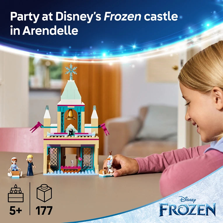 Child playing with LEGO Disney Frozen Arendelle Castle set 43265 featuring colorful building blocks with turquoise tower, pink and purple accents, minifigures including Elsa and Anna, 177 pieces, recommended age 5 plus