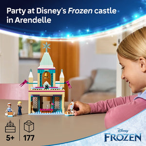 Child playing with LEGO Disney Frozen Arendelle Castle set 43265 featuring colorful building blocks with turquoise tower, pink and purple accents, minifigures including Elsa and Anna, 177 pieces, recommended age 5 plus
