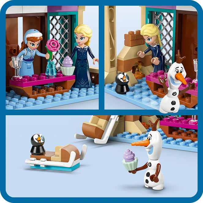 LEGO Arendelle Castle set 43265 featuring Elsa and Anna minifigures in blue and navy outfits, Olaf snowman character, pink and brown brick castle interior with ice blue baseplate, accessories including a cauldron, cupcake, flower vase and decorative elements displayed in three product photography angles