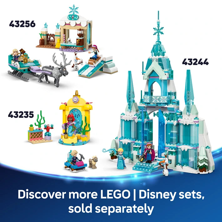 LEGO Disney Frozen Arendelle Castle set 43244 featuring turquoise and blue ice palace with tower, featuring minifigures of Elsa and Anna, accompanied by smaller LEGO Disney sets 43256 and 43235 displayed on blue gradient background