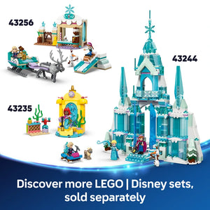 LEGO Disney Frozen Arendelle Castle set 43244 featuring turquoise and blue ice palace with tower, featuring minifigures of Elsa and Anna, accompanied by smaller LEGO Disney sets 43256 and 43235 displayed on blue gradient background