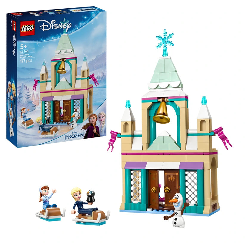 LEGO Disney Frozen Arendelle Castle set 43265 featuring a turquoise and cream colored castle tower with snowflake topper, gold bell, purple accents, minifigures of Elsa and Anna, Olaf snowman character, and winter-themed accessories on display with original packaging box