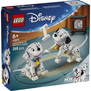 LEGO Disney 43271 Lucky and Penny 101 Dalmatians Puppies set box featuring two white and black spotted dalmatian puppy minifigures with yellow collars, vintage television set with dalmatian animation on screen, against blue and tan background, 268 pieces, ages 6 plus
