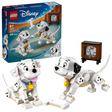 LEGO Disney 101 Dalmatians Lucky and Penny Puppies set 43271 featuring two white and black spotted dalmatian puppy minifigures with yellow collars, vintage television set, and building instructions shown on blue retail box packaging with 268 pieces for ages 6 and up