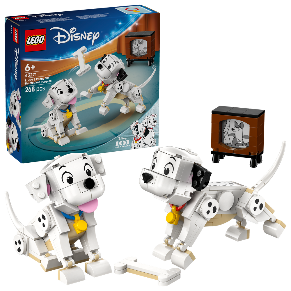 LEGO Disney 101 Dalmatians Lucky and Penny Puppies set 43271 featuring two white and black spotted dalmatian puppy minifigures with yellow collars, vintage television set, and building instructions shown on blue retail box packaging with 268 pieces for ages 6 and up