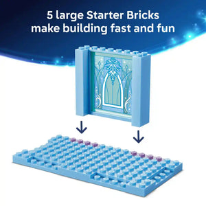 LEGO Elsa's Ice Castle starter brick set showing a large decorative ice-blue panel with snowflake and geometric patterns alongside a flat blue baseplate with studs and purple accent bricks