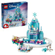LEGO Disney Frozen Elsa's Ice Castle and Snow Ride Adventure 43281 set showing turquoise and purple castle with minifigures, Olaf snowman, and snowy landscape track pieces displayed against product box packaging