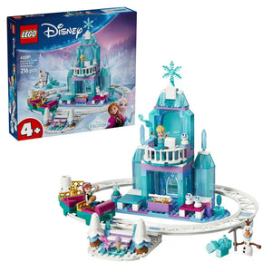 LEGO Disney Frozen Elsa's Ice Castle and Snow Ride Adventure 43281 set showing turquoise and purple castle with minifigures, Olaf snowman, and snowy landscape track pieces displayed against product box packaging