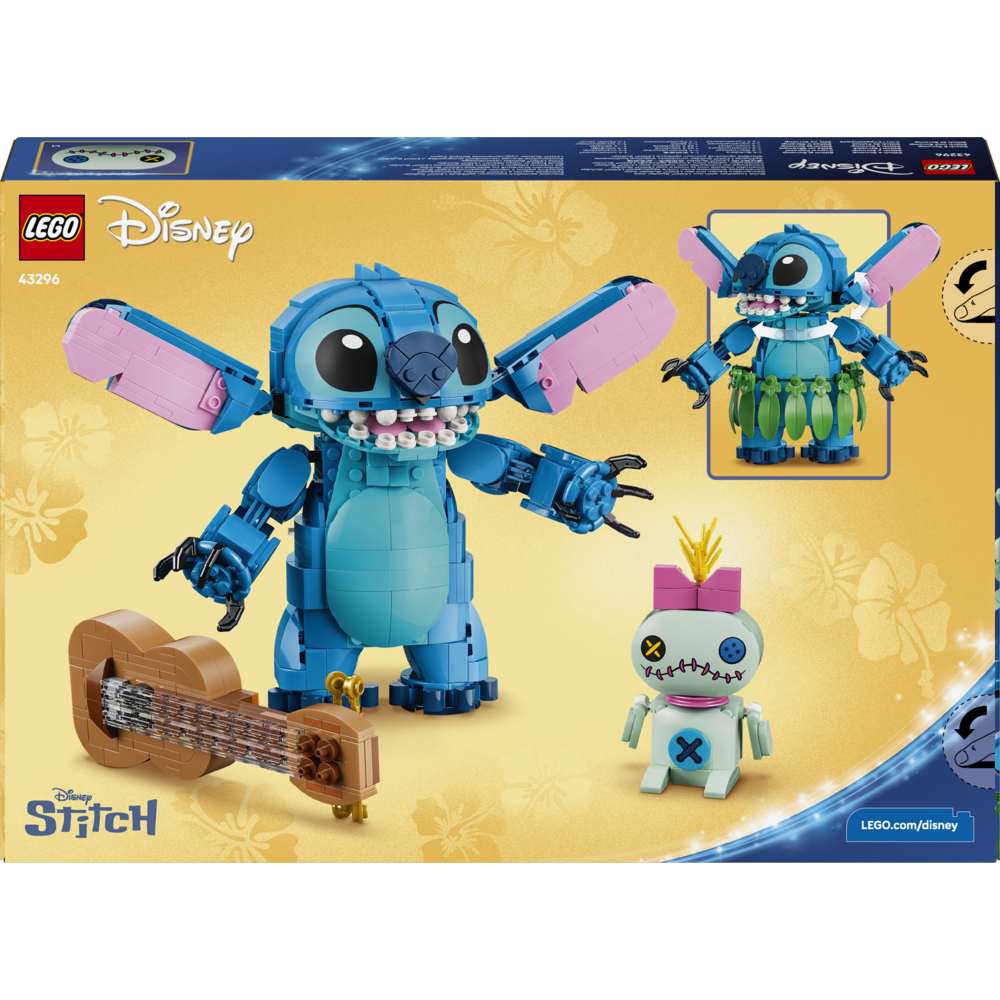 LEGO Disney Classic Stitch & Scrump 43296 - the back of the box showing play features and box contents. 713 pieces. Ages 9+.