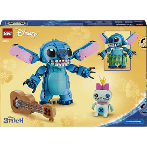 LEGO Disney Classic Stitch & Scrump 43296 - the back of the box showing play features and box contents. 713 pieces. Ages 9+.