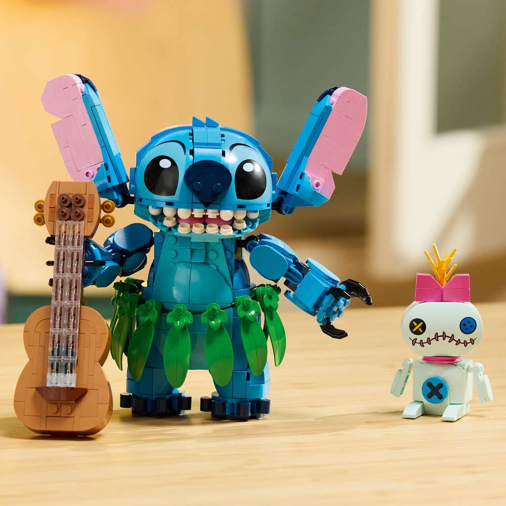 LEGO Disney Classic Stitch & Scrump 43296 - the finished build shown in a home setting. 713 pieces. Ages 9+.