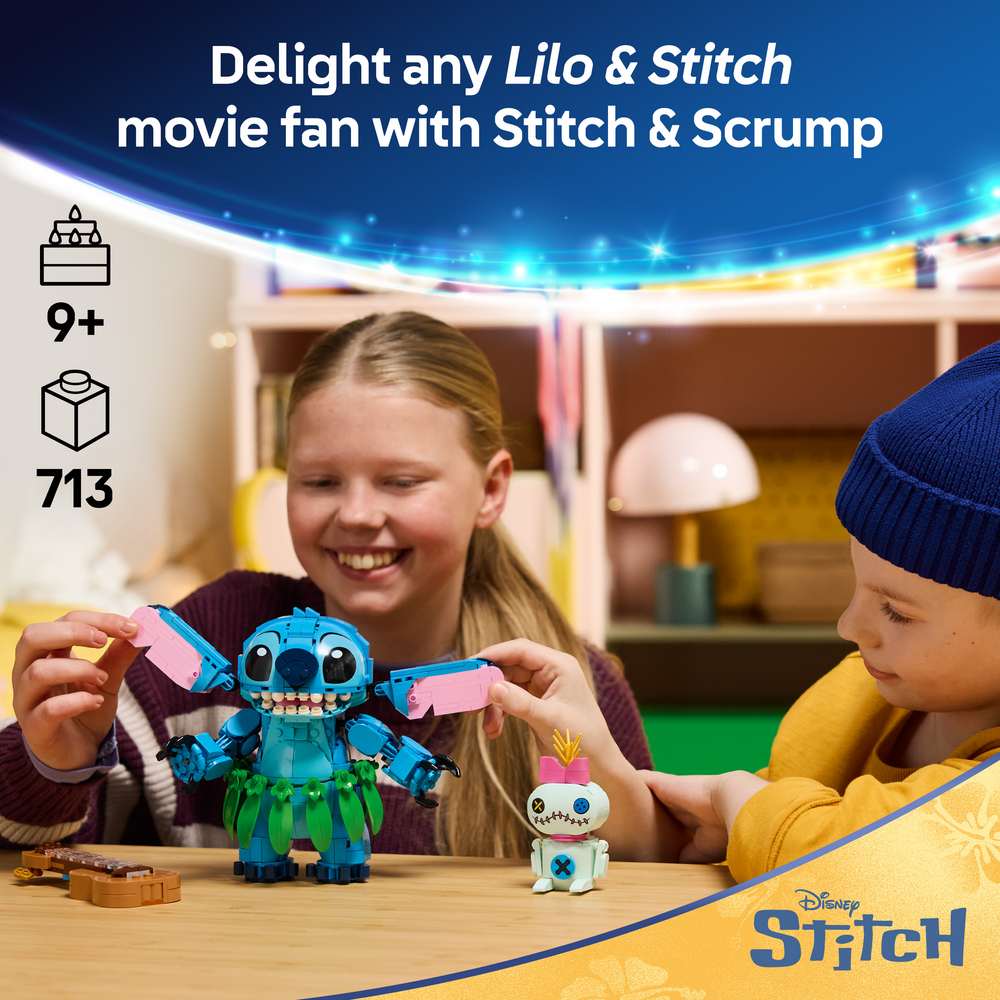 LEGO Disney Classic Stitch & Scrump 43296 - captioned product view. 713 pieces. Ages 9+.