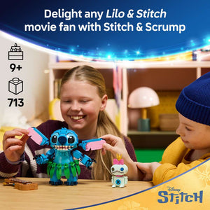 LEGO Disney Classic Stitch & Scrump 43296 - captioned product view. 713 pieces. Ages 9+.