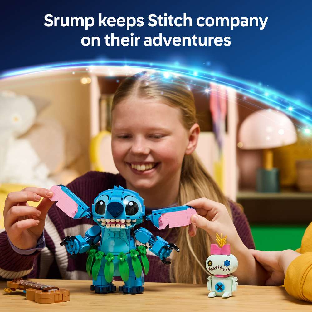 LEGO Disney Classic Stitch & Scrump 43296 - captioned product view. 713 pieces. Ages 9+.