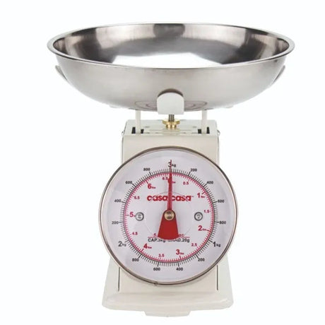 Casa & Casa traditional mechanical kitchen scales in cream with stainless steel bowl, red needle dial and weight measurements in kilograms and pounds