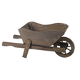 Wooden wheelbarrow planter with dark brown finish, featuring a curved cargo bed, two wooden handles, brass fasteners, and a decorative wooden wheel, ideal for garden displays