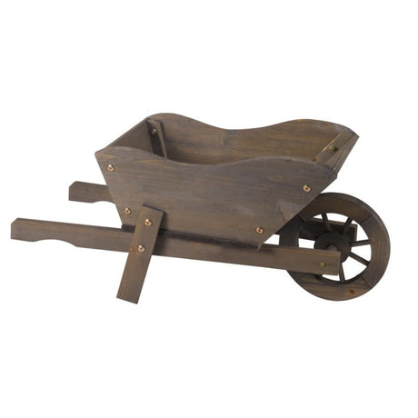 Wooden wheelbarrow planter with dark brown finish, featuring a curved cargo bed, two wooden handles, brass fasteners, and a decorative wooden wheel, ideal for garden displays