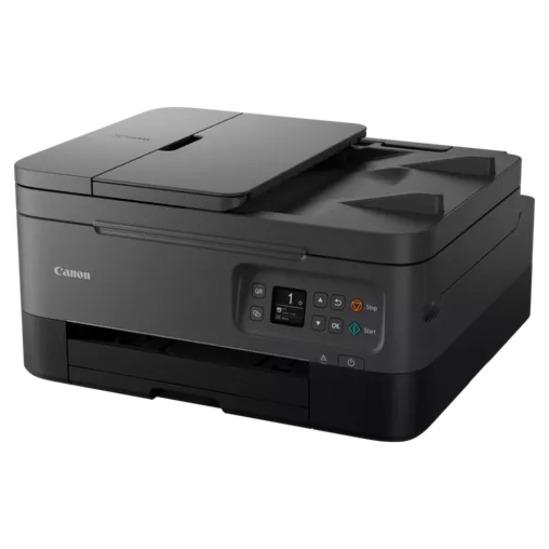 Canon PIXMA TS7450I black wireless all-in-one multifunction printer with automatic document feeder, control panel, and closed top cover on white background