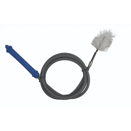 Flexible drain cleaning brush with 5ft black rubber hose, blue handle grip and gray nylon brush head for sink and drain cleaning