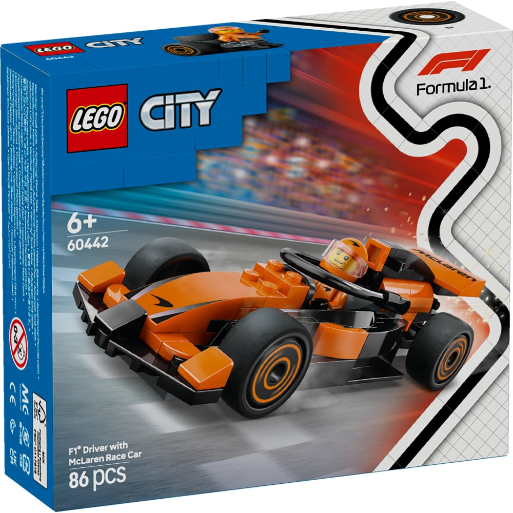 LEGO City set 60442 F1 Driver with McLaren Race Car featuring an orange and black Formula 1 racing car with minifigure driver, 86 pieces, age 6+, displayed in product packaging with blue box and Formula 1 branding