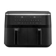 Black Morphy Richards 7.2 litre dual drawer air fryer with digital display showing temperature settings of 15 degrees, metal top trim, dual basket handles, and touch control panel with multiple cooking function buttons