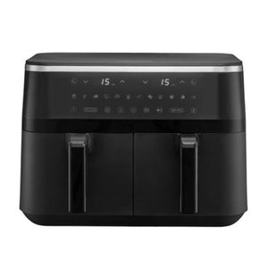Black Morphy Richards 7.2 litre dual drawer air fryer with digital display showing temperature settings of 15 degrees, metal top trim, dual basket handles, and touch control panel with multiple cooking function buttons