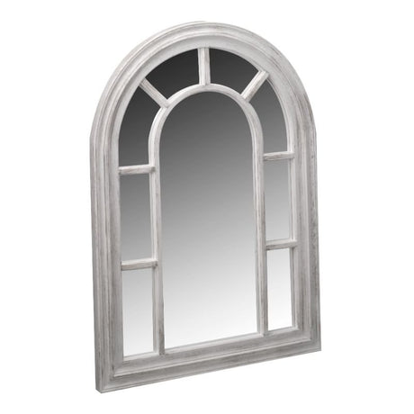 Silvergris arched window-style mirror with white wooden frame and multiple panes featuring rounded top design