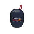 Black cylindrical Bluetooth speaker with Oracle Red Bull Racing branding and red carry strap handle on top