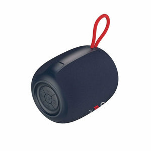 Black cylindrical Bluetooth speaker with red fabric carrying loop and control buttons, featuring textured fabric exterior and dark speaker grille