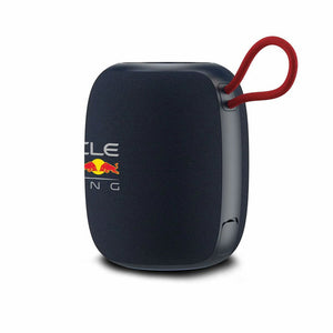 Black portable Bluetooth speaker with Red Bull Racing logo and red fabric carrying strap attached to side