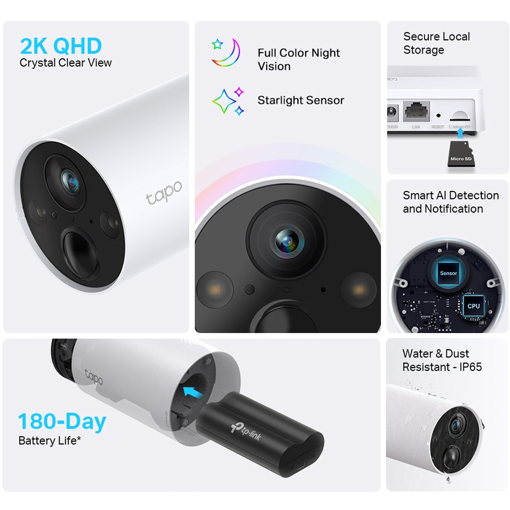TP-Link Tapo C420S2 wireless security camera system showcasing 2K QHD resolution, full color night vision with starlight sensor, 180-day battery life, secure local storage with micro SD card, smart AI detection, and IP65 water and dust resistant white cylindrical camera with black lens and battery base station