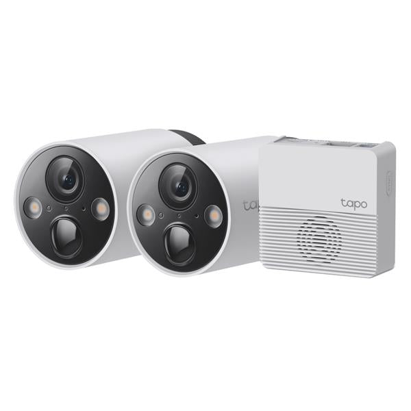 TP-Link Tapo C420S2 wireless security camera system with two white and black outdoor cameras with LED lights and hub unit on white background