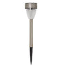 Solar garden stake light with textured frosted glass shade, brushed metal collar and stem, black pointed ground spike, warm white LED light, modern contemporary design