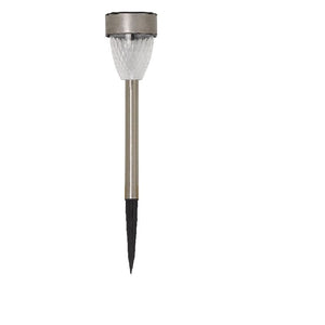 Solar garden stake light with textured frosted glass shade, brushed metal collar and stem, black pointed ground spike, warm white LED light, modern contemporary design