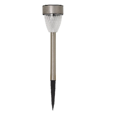 Solar garden stake light with textured frosted glass shade, brushed metal collar and stem, black pointed ground spike, warm white LED light, modern contemporary design