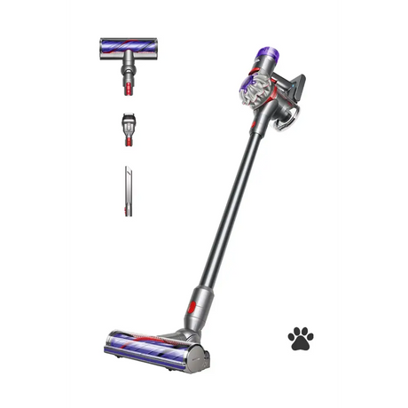 Dyson V8 Advanced cordless stick vacuum cleaner in silver and purple with detachable head, featuring main floor brush head, crevice tool attachment, and combination tool, displayed vertically with paw print icon indicating pet hair cleaning capability