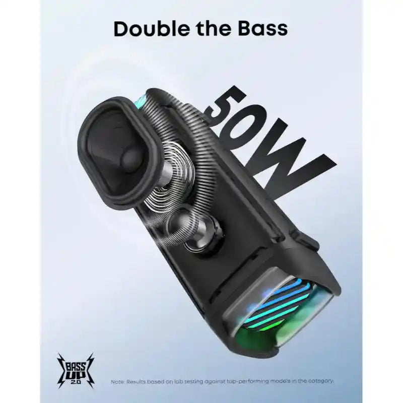 Soundcore Boom 3i 50W black portable Bluetooth speaker with dual woofers and colorful LED lighting, angled view showing cylindrical design and bass boost feature