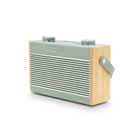 Roberts Rambler Max Smart DAB+ FM radio with duck egg green metal body, light wood grain sides, dual control knobs on top, and carrying handle in retro vintage style design
