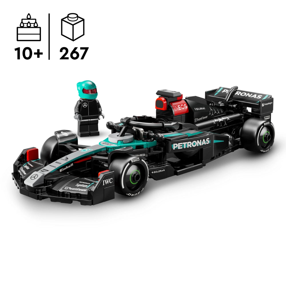 LEGO Mercedes-AMG F1 W15 Race Car building set 77244 featuring black and turquoise detailed Formula 1 car model with minifigure driver, 267 pieces, recommended age 10+