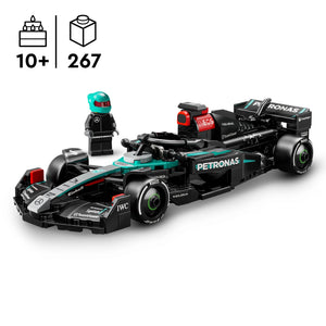 LEGO Mercedes-AMG F1 W15 Race Car building set 77244 featuring black and turquoise detailed Formula 1 car model with minifigure driver, 267 pieces, recommended age 10+