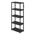 Black plastic 5-tier shelving unit with metal frame and adjustable shelves, ideal for storage and organization