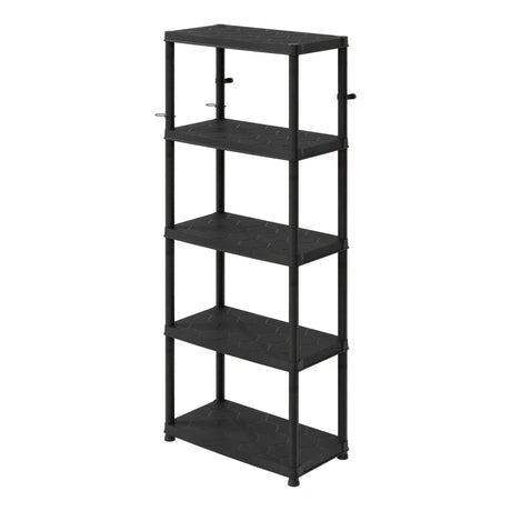 Black plastic 5-tier shelving unit with metal frame and adjustable shelves, ideal for storage and organization