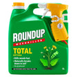 Green plastic bottle of Roundup Total Optima Weedkiller 3 litre ready-to-use spray with yellow trigger spray head, white text branding, and illustrations of weeds and plant leaves on label